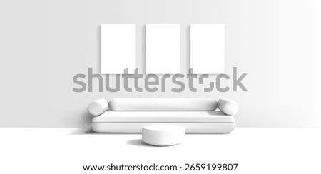 White interior, mockup, 3D, with white photo frames on the wall, sofa, and coffee table. For concepts of modern interior, picture template, comfortable life, relaxation. Vector illustration.