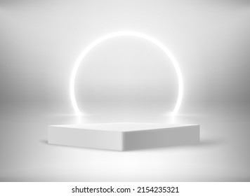 White interior with neon illumination and podium. 3d vector showcase template
