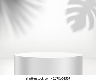 Interior blanco con podio y sombras de hojas tropicales. 3.ª ilustración vectorial