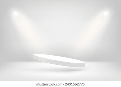 Interior blanco con focos y pedestal vacío volador. ilustración vectorial 3d
