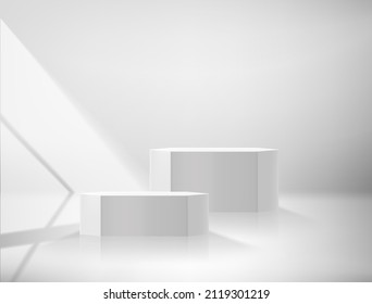 White interior with two pedestals and light of the window. Vector 3d illustration
