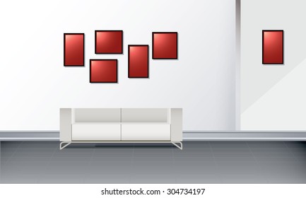 White interior. Vector illustration of white wall with photo frames and sofa.