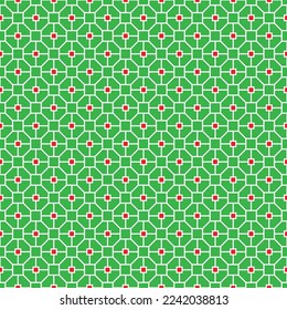 White interlocking pattern with red square on green background. Chinese traditional pattern. Octagon and square pattern. Merry Christmas color theme.