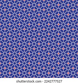 White interlocking pattern with red square on blue background. Chinese traditional pattern. Octagon and square pattern. US flag color theme.