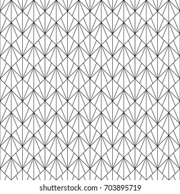 White interlocking triangles tessellation on black background. Image with repeated triangular shapes ornament. Modern japanese motif. Grid. Digital paper for textile print, page fill. Vector grill.