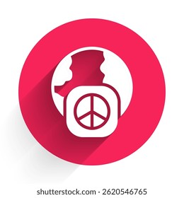 White International day of peace icon isolated with long shadow. World peace. Red circle button. Vector