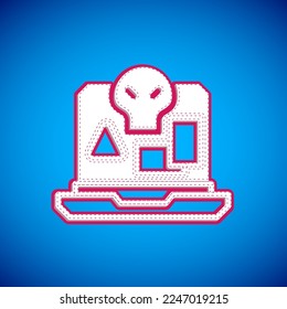 Icono de piratería de Internet blanca aislado en fondo azul. Piratería en línea. Crimen en el ciberespacio con descarga de archivos y distribución de películas.  Vector