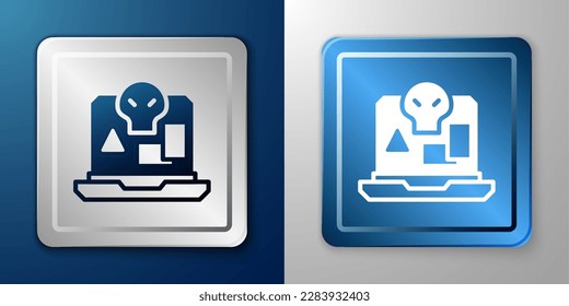 White Internet piracy icon isolated on blue and grey background. Online piracy. Cyberspace crime with file download and movies sharing. Silver and blue square button. Vector