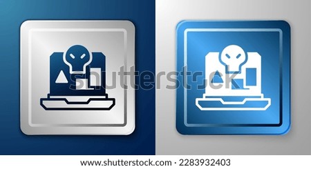 White Internet piracy icon isolated on blue and grey background. Online piracy. Cyberspace crime with file download and movies sharing. Silver and blue square button. Vector