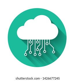 White Internet of things icon isolated with long shadow. Cloud computing design concept. Digital network connection. Green circle button. Vector Illustration