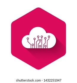 White Internet of things icon isolated with long shadow. Cloud computing design concept. Digital network connection. Pink hexagon button. Vector Illustration