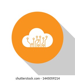 White Internet of things icon isolated on white background. Cloud computing design concept. Digital network connection. Orange circle button. Vector Illustration