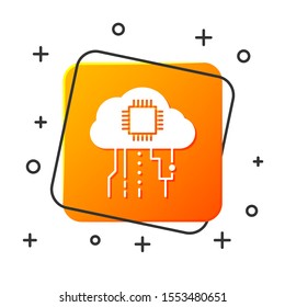 White Internet of things icon isolated on white background. Cloud computing design concept. Digital network connection. Orange square button. Vector Illustration