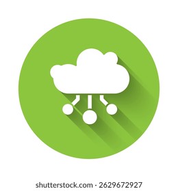 White Internet of things icon isolated with long shadow. Cloud computing design concept. Digital network connection. Green circle button. Vector