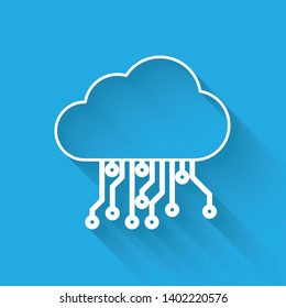 White Internet of things line icon isolated with long shadow. Cloud computing design concept. Digital network connection. Vector Illustration
