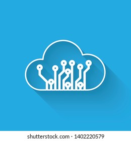 White Internet of things line icon isolated with long shadow. Cloud computing design concept. Digital network connection. Vector Illustration