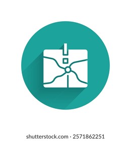 White Intersection point icon isolated with long shadow background. Green circle button. Vector