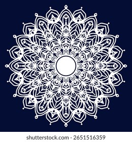 A white intricate mandala design with a circular center, set against a deep navy blue background. The pattern is symmetrical and detailed, evoking a sense of calm and spirituality.
