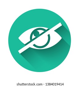 White Invisible or hide icon isolated with long shadow. Green circle button. Vector Illustration