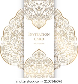 White invitation card design with golden ornament pattern. Luxury vintage vector template. Can be used for background and wallpaper. Elegant and classic vector elements great for decoration.