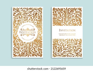 White invitation card design with golden ornament pattern. Luxury vintage vector template. Can be used for background and wallpaper. Elegant and classic vector elements great for decoration.