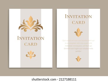 White invitation card design with golden ornament pattern. Luxury vintage vector template. Can be used for background and wallpaper. Elegant and classic vector elements great for decoration.