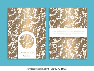 White invitation card design with golden ornament pattern. Luxury vintage vector template. Can be used for background and wallpaper. Elegant and classic vector elements great for decoration.
