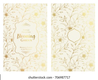 White invitation card design with text blooming garden. Lihgt invitation with handmade floral elements in golden style. Botanical Wedding Collection. Vector illustration.