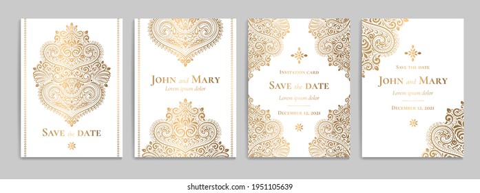 White Invitation Card With Luxury Golden Pattern Design On A White Background. Vintage Ornament Template. Can Be Used For Flyer, Wallpaper, Packaging Or Any Desired Idea. Elegant Vector Elements.