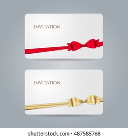 White invitation or gift card with red and golden bows, ribbons. Vector template for design credit or discount card. Isolated from a background