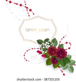 White invitation template with maroon roses bouquet on white background. There is a place for your text. For invitations to celebrations, birthdays, anniversaries and weddings.