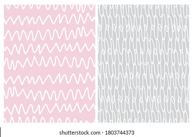 Weiße, unregelmäßige, handgezeichnete Zig-Zangen und Schleifen einzeln auf hellrosa und hellgrauem Hintergrund. Einfache, abstrakte, geometrische Druckausgabe im Kleinkindstil.