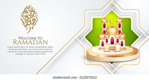 white islamic background. welcome to ramadan kareem arabic islamic calligraphy. greeting card with 3d mosque
