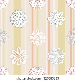 White islamic daisy, chamomile, rosece, rosette, rose, snowflake, flower, cross seamless pattern on soft colored stripe background. Gentle ornament with isolated traditional oriental floral elements.