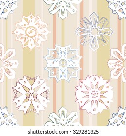 White islamic daisy, chamomile, rosece, rosette, rose, snowflake, flower, cross seamless pattern on soft colored stripe background. Gentle ornament with isolated traditional oriental floral elements.