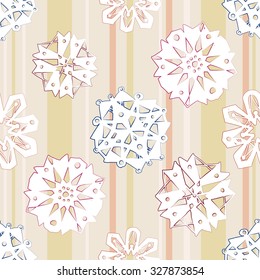 White islamic daisy, rosette, rose, snowflake seamless pattern on soft colored stripe background. Gentle ornament with isolated traditional oriental geometric floral elements.