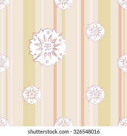 White islamic daisy seamless pattern on soft colored stripe background. Gentle ornament with isolated traditional oriental geometric floral elements.