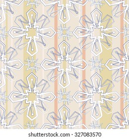 White islamic flower and star seamless pattern on soft colored stripe background. Gentle ornament with isolated traditional oriental geometric floral elements.
