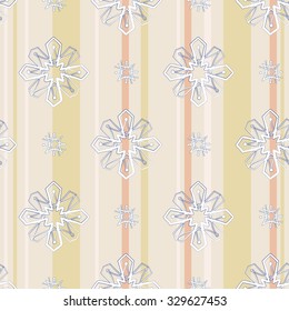 White Islamic flower and star seamless pattern on soft colored stripe background. Gentle ornament with isolated traditional oriental geometric floral elements.