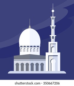 White Islamic Mosque against the evening sky. Objects isolated on a white background. Flat vector illustration.