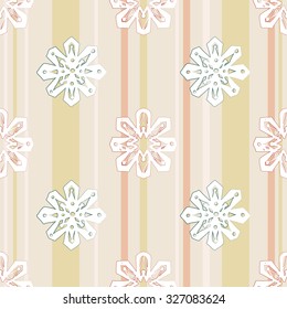 White islamic rosece and snowflake seamless pattern on soft colored stripe background. Gentle ornament with isolated traditional oriental geometric floral elements.