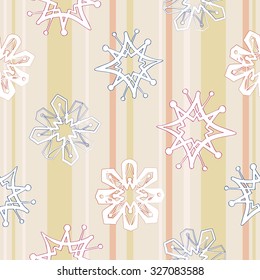 White islamic snowflake, flower, star seamless pattern on soft colored stripe background. Gentle ornament with isolated traditional oriental geometric floral elements.