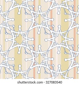 White islamic star seamless pattern on soft colored stripe background. Gentle ornament with isolated traditional oriental geometric floral elements.