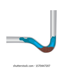 A White Isolate With Sectional Pipe Or Plumbing, Clogged Pipe And Water In The Sludge. A Vector Stock Illustration Isolated On White Background For Design.