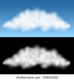 White isolated cloud vector template with black and blue background.