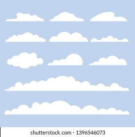 White isolated clouds on blue sky. Vector flat cartoon graphic design illustration