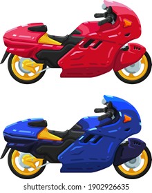 White isolated colorful flat vector illustrations of highly detailed set of futuristic sport motorcycles. Side view vehicle design for marketing banner design. Cyberpunk transportation in vapor style.