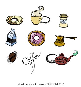 White isolated fast food icons. Hand drawn doodle icon. Vector stock illustration
