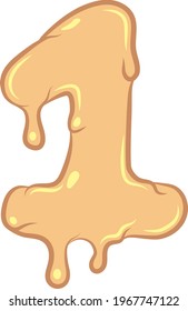 White Isolated flat vector 1 - digit in wax style. Waxing tech. Graffiti lettering. Liquid honey num one character. Pastel colors with outline and flare. Melted butter number for advertisment banners.