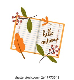 White isolated flat vector with colorful set of objects for school or office. Back to school set with pen, notebooks and autumn leaves